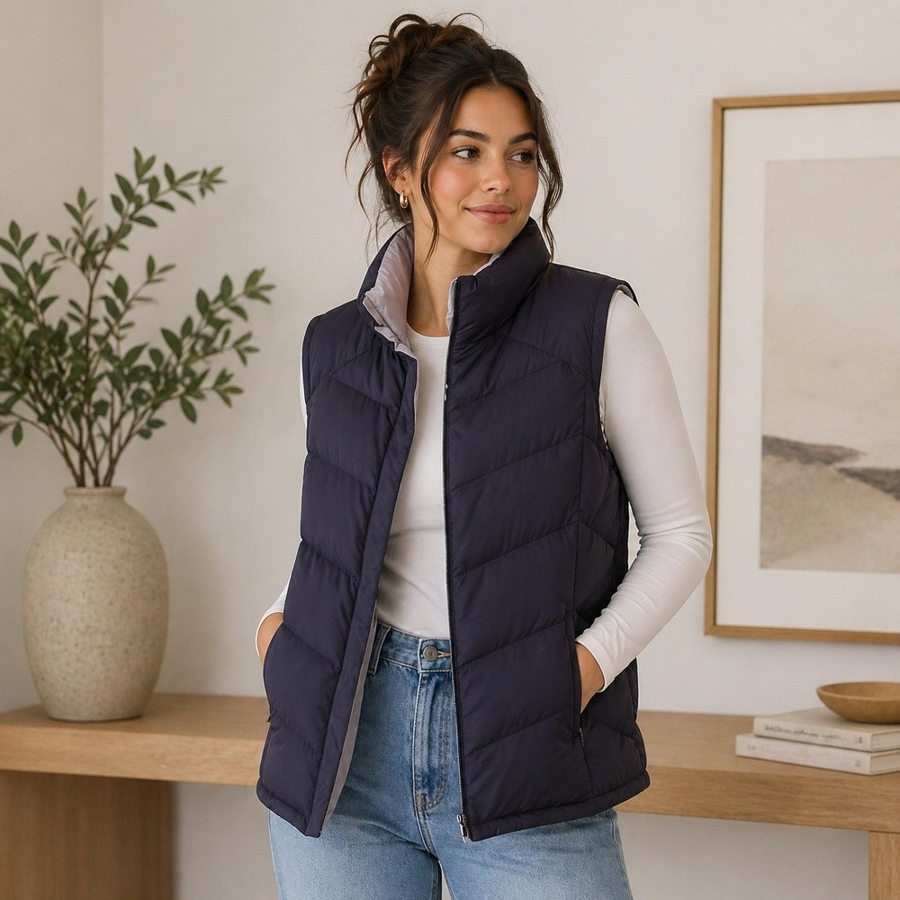 Columbia Womens Purple Down Puffer Vest Chevron Quilted Full Zip Size Large